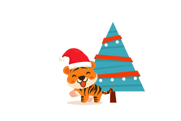 Blue Christmas Tree Cute Tigers Design Illustrations