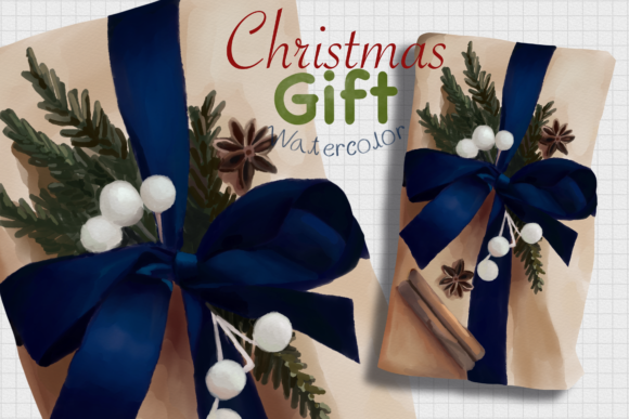 CHRISTMAS GIFT Watercolor Blue Illustration for Crafting