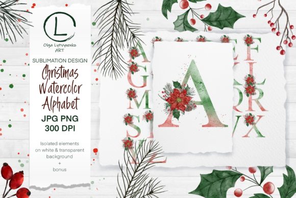 Christmas Watercolor Alphabet PNG JPG for Illustrations