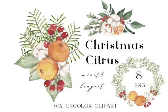 Christmas Wreath Clipart, Citrus Clipart for Branding and Marketing