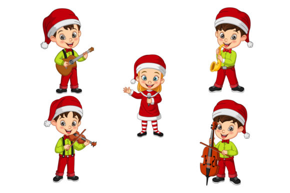 Cute Christmas Children Playing Music Illustration