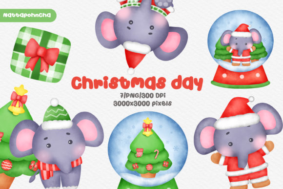 Watercolor Christmas Elephant Clipart for Branding and Marketing